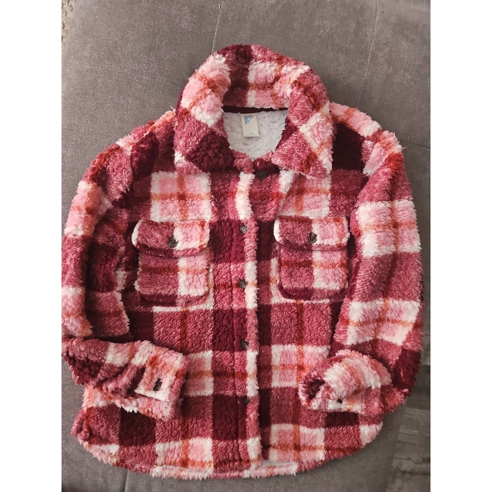 Thereabouts‎ Girls Pink Plaid Sherpa Shacket Fleece Jacket Size L 14 Burgundy